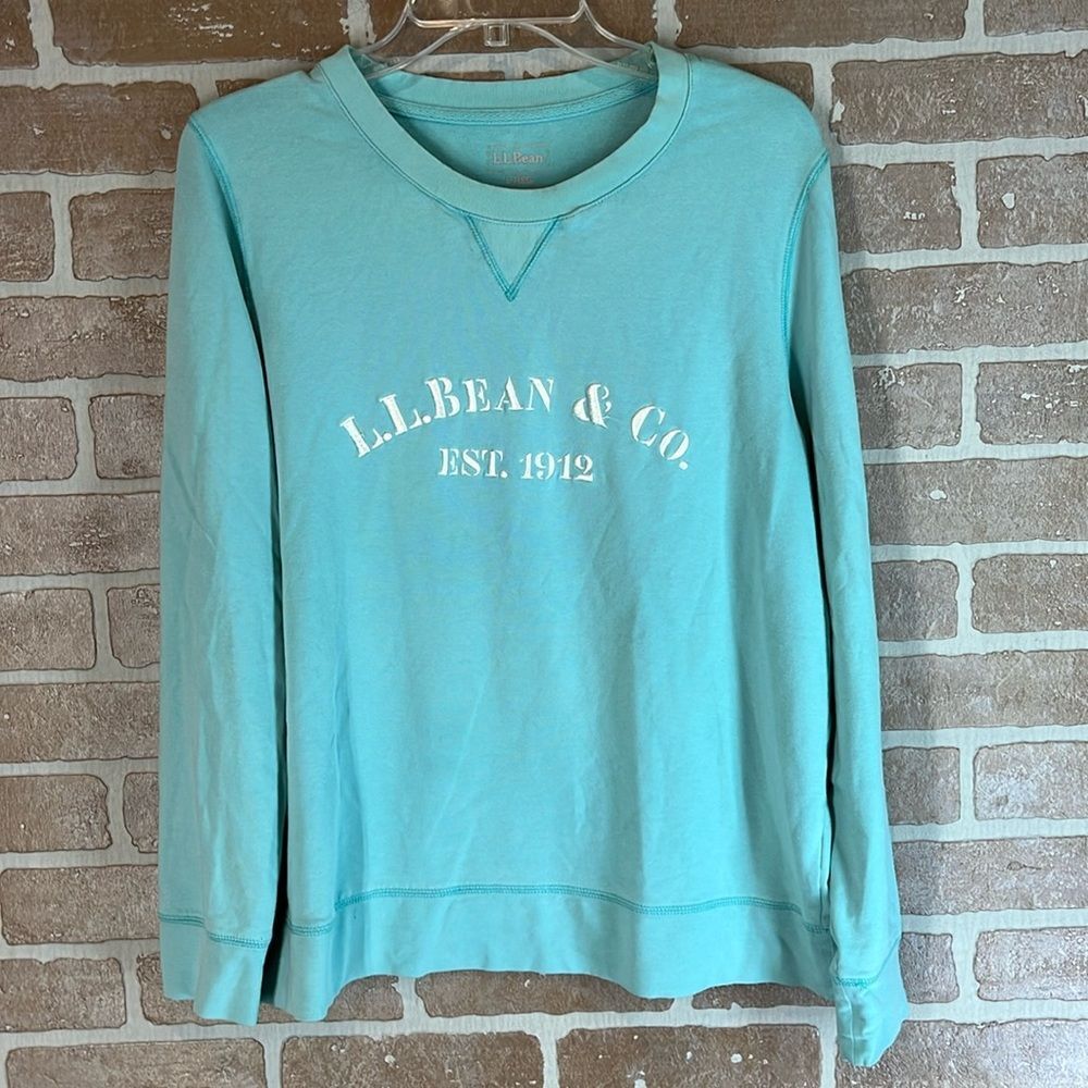 L.L. Bean Vintage Fleece Crew Neck Embroidered Aqua Blue Green French Terry